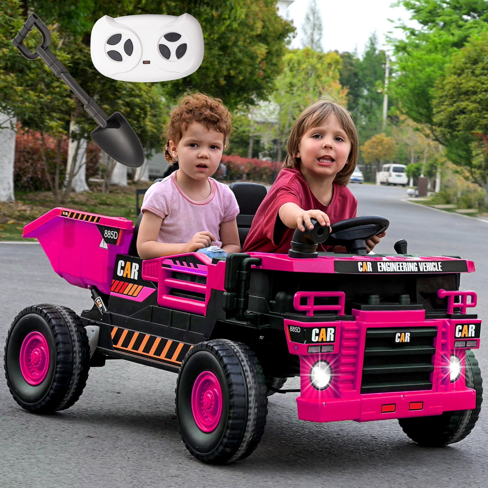 FINITO 12V 10Ah Ride on Toy for Toddlers, Powerful 4 Wheels Electric Dump Truck, 2 Seater Kids Ride on Car w/Parent Remote Control, Music Bluetooth Shove, Pink