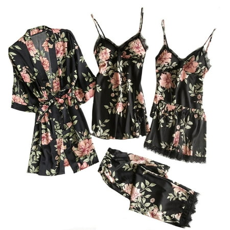 

wendunide pajama set for women 5PC Lace Satin Robe Bathrobe Trousers Shorts Lingerie Set Pajamas Sleepwear Black L