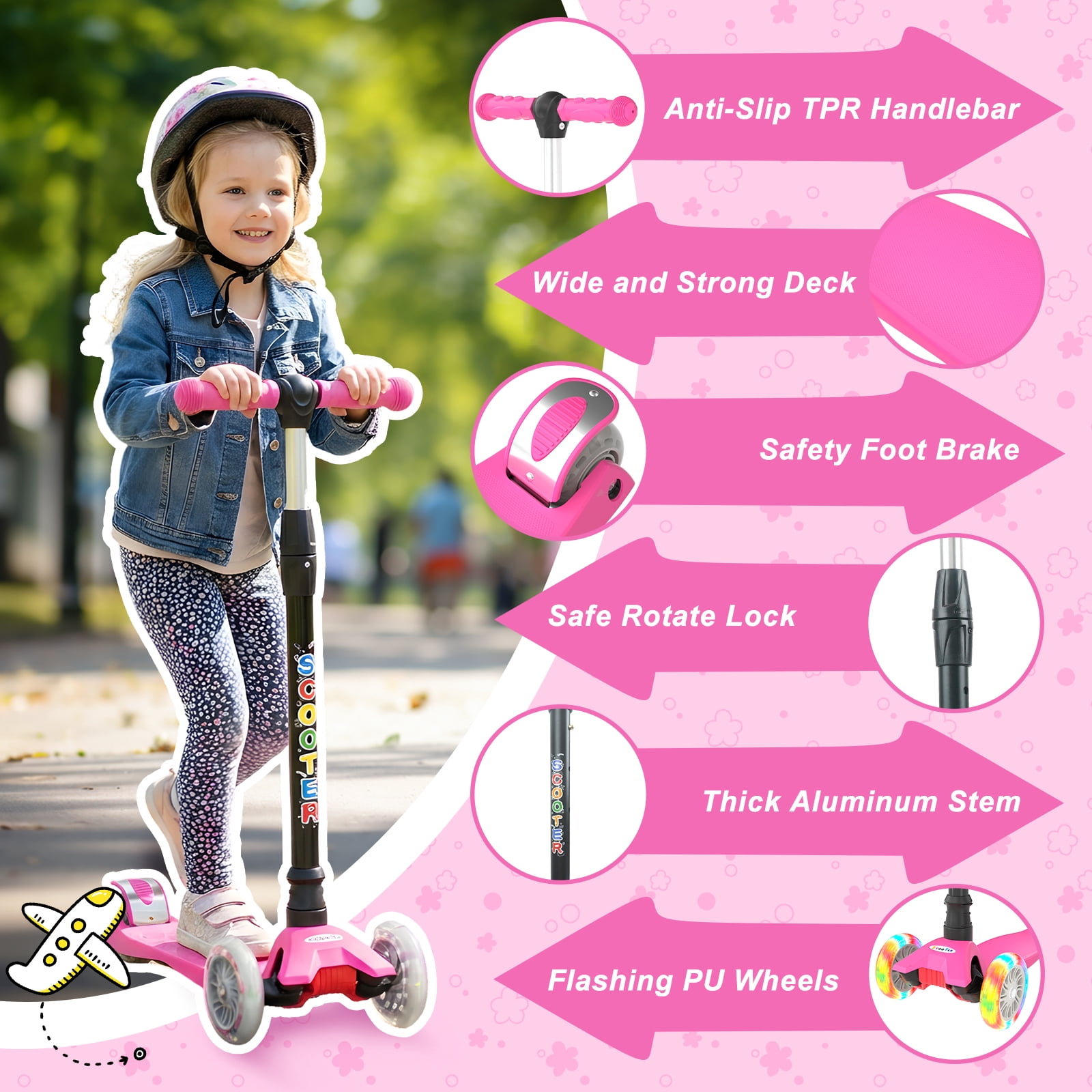 XJD 3 Wheel Kick Scooter for Kids,Foldable 3 Wheels Toddlers Scooter with LED Light & Adjustable Height, Best Gift for Boys Girls Outdoor Activities, Peach