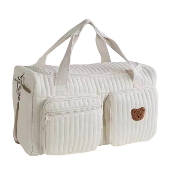 Multi Pocket Maternity Handbag with Bear Print, Quilted Large Capacity Shoulder Tote with Adjustable Strap, Lightweight Padded Daily Carry Bag for Commute Travel Trips (Beige Single Bear)