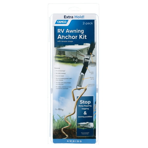 Camco RV Awning Anchor Kit | Includes Long-Lasting Pull Tension Straps | Black and Silver (42593)