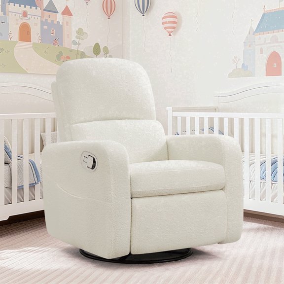 Aemeios Swivel Manual Recliner Chair Teddy Fabric Nursery Glider Rocker Recliner, White