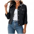 thumbnail image 2 of WAGUTH Vintage Denim Cropped Jacket for Women Lapel Button Down Long Sleeve Classic Jean Jacket Casual Street Daily Outerwear, 2 of 7