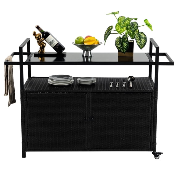 Portable Outdoor Bar Table / Featuring Glass Tabletop and Storage / Smooth Rolling Wheels