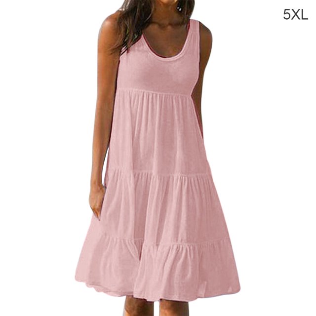 Robe Femme Col Rond Robe à Bretelles Fille Sans Manches Robe de Plage Femme Vêtements de Plage, Rose, 5TG