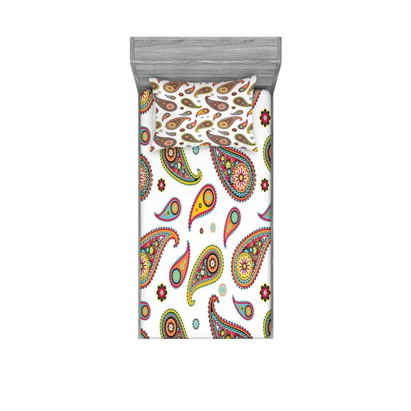 Ambesonne Paisley Fitted Sheet & Pillow Sham Set, Vintage Hipie Ethnic, Twinxl, Multicolor
