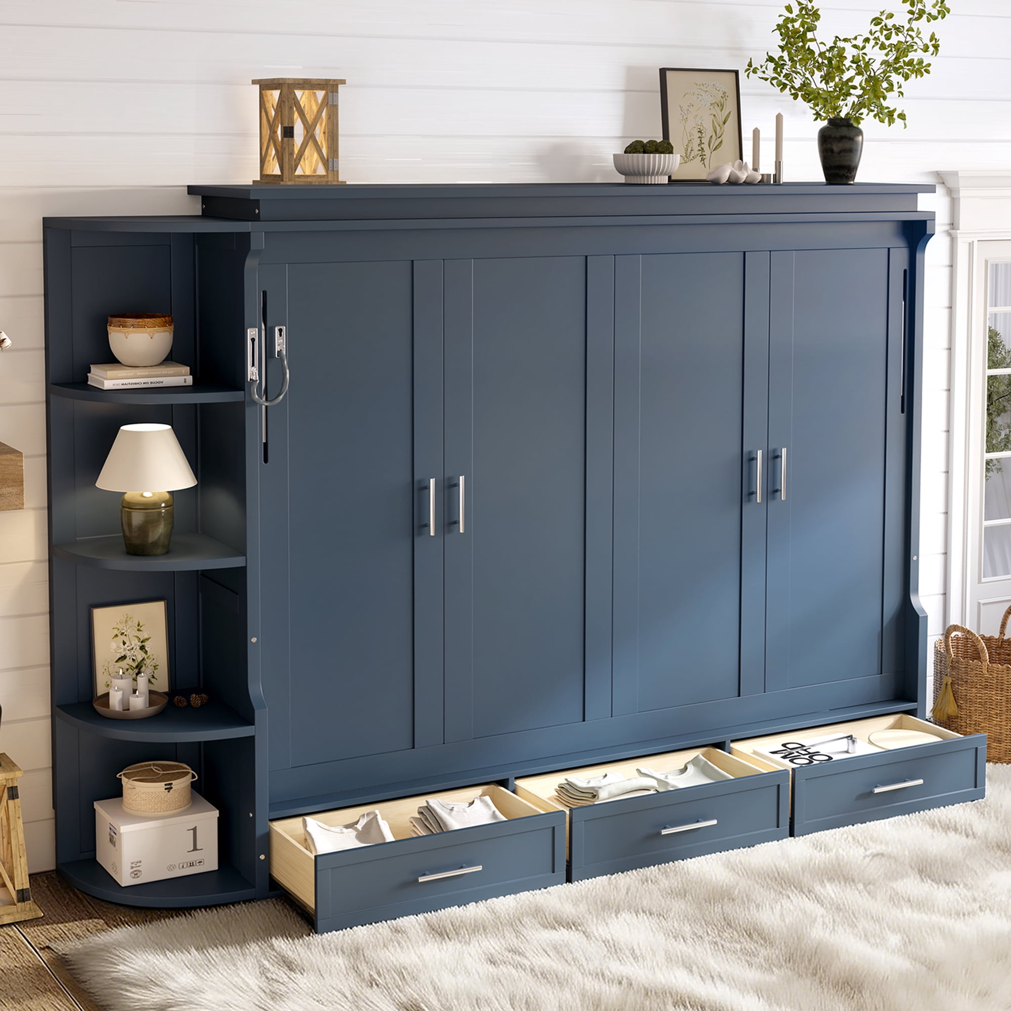 Mintazer Queen Murphy Bed with Side Cabinets & 3 Drawers, Wall Foldable Bed with Storage for Bedroom Guest Room Home Office, Blue