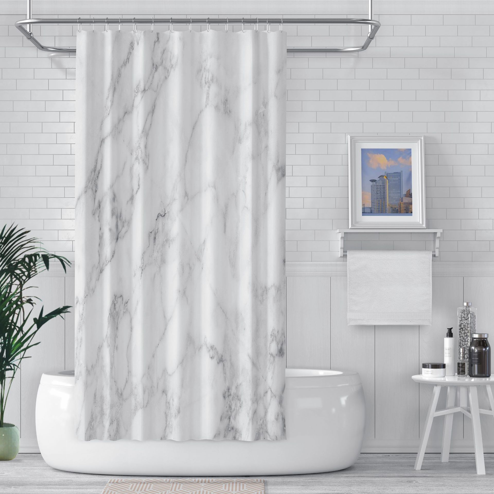 SHENDING Marble Print Shower Curtain Set with 12 Hooks, Watercolor Bath Curtain for Bathroom