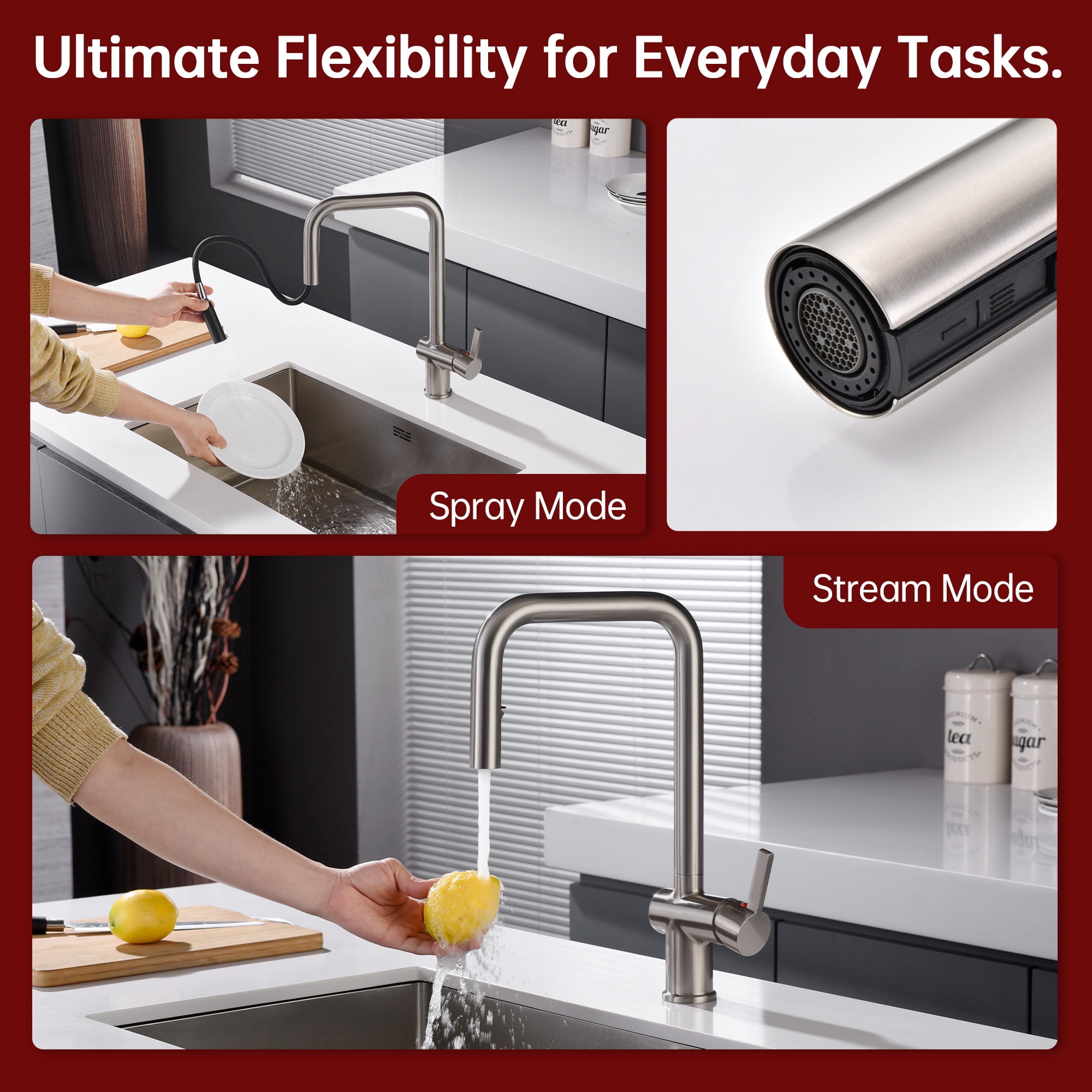 SUMERAIN 304 Stainless Steel Lead Free Kitchen Faucet in Brushed Nickel, Kitchen Sink Faucet with Pull Down Sprayer