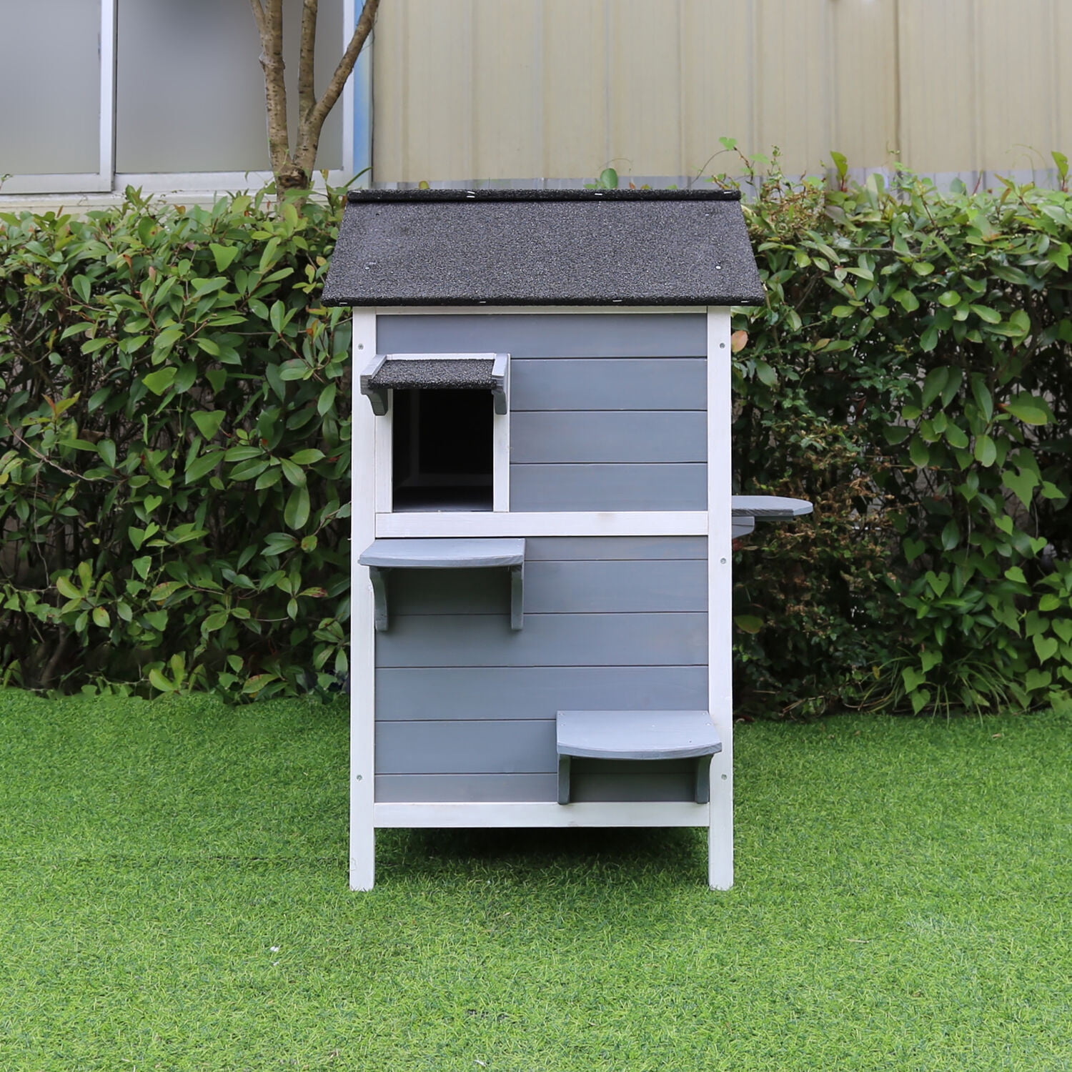 Hanover Wood Outdoor Cat House with Multi Levels, Waterproof Roof, Escape Doors, and Ledge Seating 30.7" x 22"x 35.4"