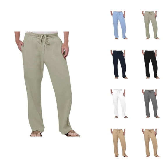 Cotton Linen Sweatpants for Men Breathable Loose Straight Leg Drawstring Joggers with Pockets Casual Pants Trousers