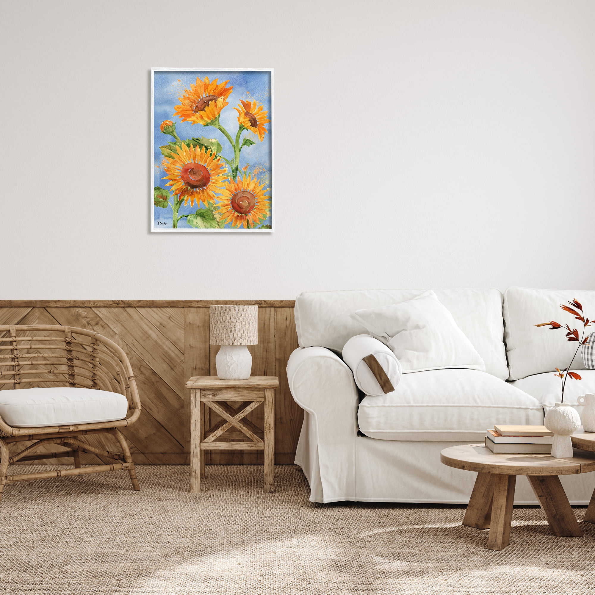 Stupell Industries Watercolor Sunflowers on Blue Botanical & Floral Painting White Framed Art Print Wall Art, 24 x 30