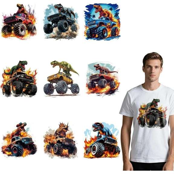 9 Sheets Dinosaur Truck Iron on Stickers Flame Animals Dinosaur Print Transfer Stickers Decals for DIY T-Shirt Jeans Backpacks Families Clothing Hat Decoration Applique