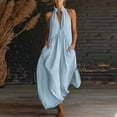 thumbnail image 2 of Women's Plunge Halter Sleeveless Pleated Long Romper Knit Jogger Maxi Jumpsuit with Pockets for Summer Beach Vacation Casual Daily Wear Light Blue L, 2 of 4