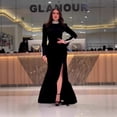 thumbnail image 4 of Women Black Rhinestone Mermaid Evening Gown High Neck Long Sleeve Side Split Formal Maxi Dress, 4 of 6