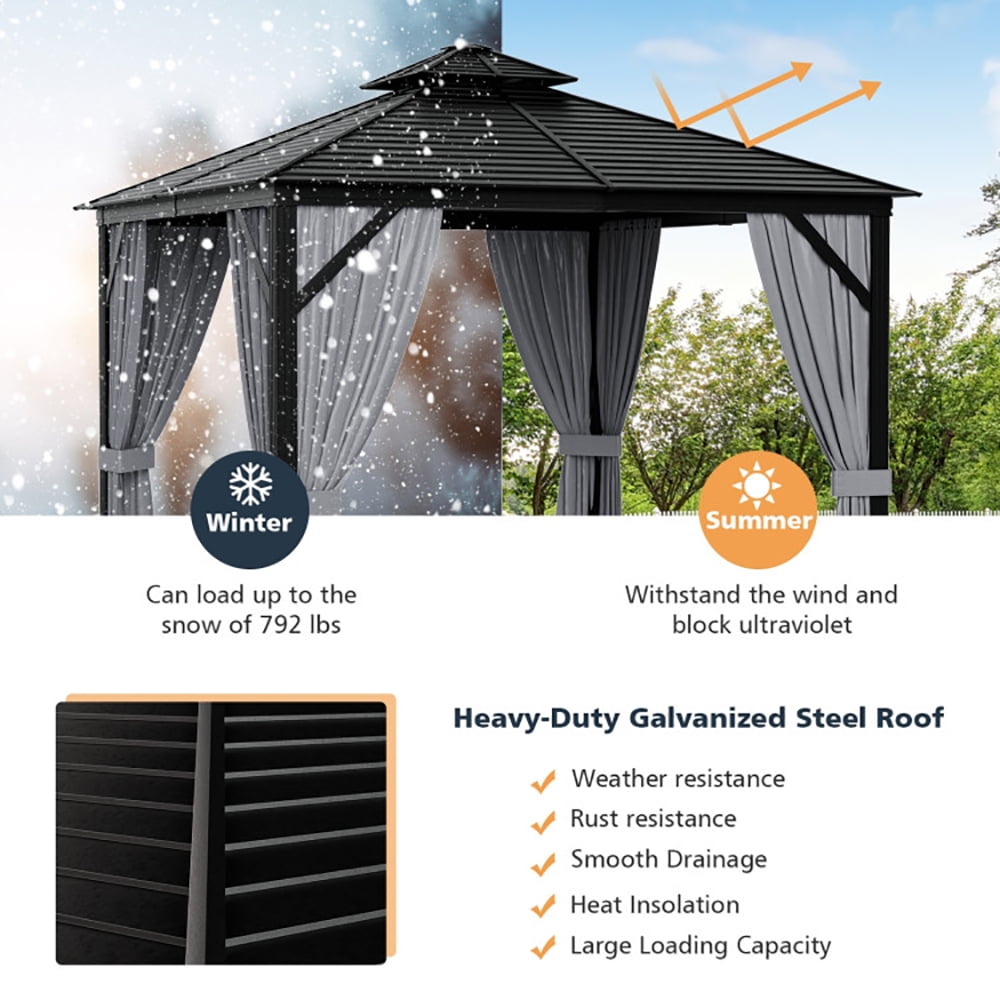 Aimee Lii 10 x 10 Feet Double-Top Hardtop Gazebo with Galvanized Steel Roof, Backyard Canopy Gazebo for Party Wedding BBQ Events, Gray Aimee Lii 10 x 10 Feet Double-Top Hardtop Gazebo with Galvanized Steel Roof, Backyard Canopy Gazebo for Party Wedding BBQ Events, Gray