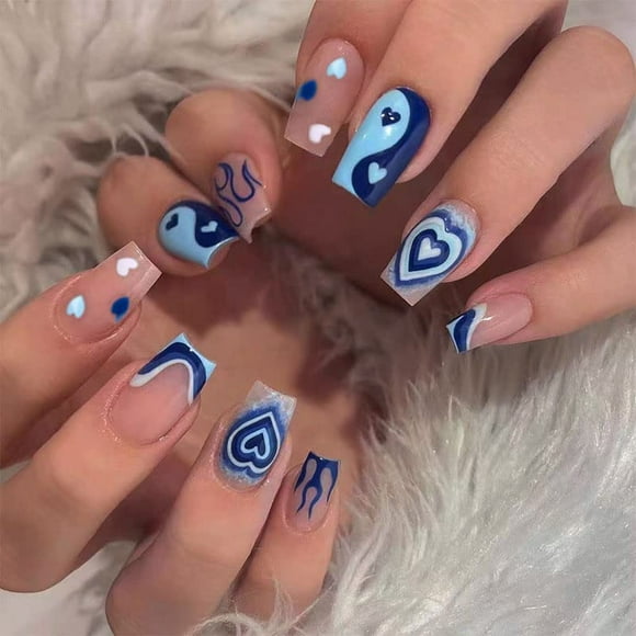 Heart Press on Nails Short Square Fake Nails Glossy Flame Stick on Nails Baby Blue False Nails Tai Chi Glue on Nails Swirl Acrylic Nails for Women 24Pcs