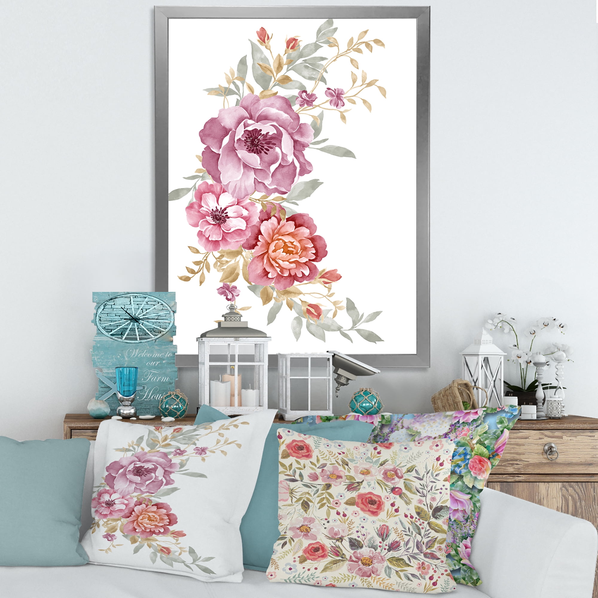 Designart 'Bouquet of Purple and Pink Flowers III' Farmhouse Framed Art Print