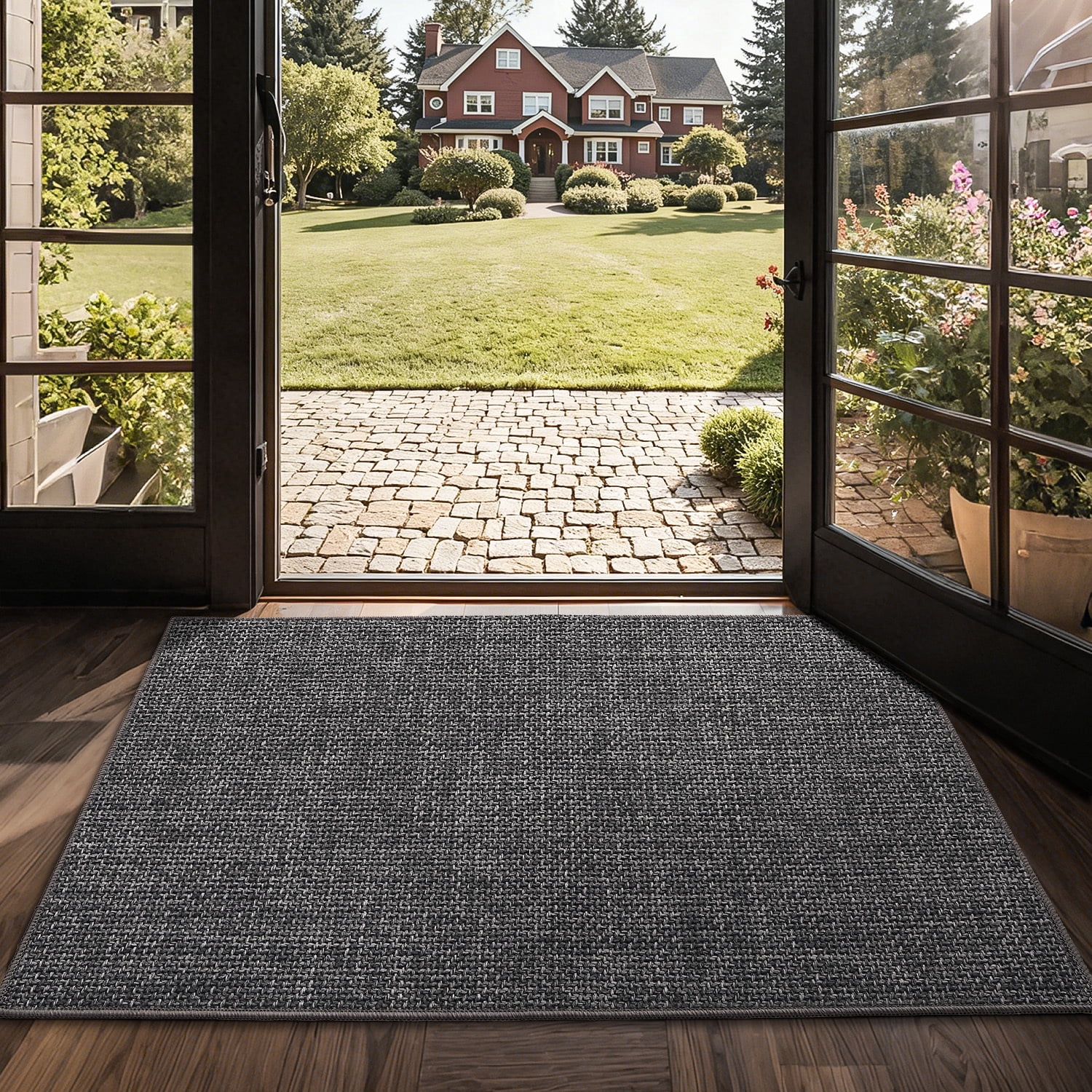 PABUBE Thin Indoor Doormat, Durable Dirt Trapper Entry Rug for Inside House, Non Slip Doormat Indoor Entrance, Low Profile Welcome Mat for Inside, Dark Gray, 24" x 36"