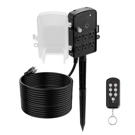 KFFKFF Outdoor Power Stake with 50FT Extension Cord, Weather-Resistant Power Strip with Cover, Remote-Controlled Light Timer, 6 Outlets, 1875W/15A, Ideal for Holiday Decorations and Garden Use
