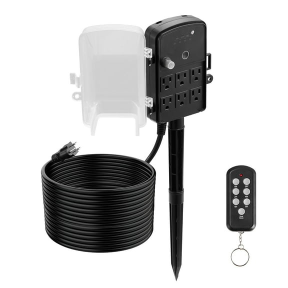 KFFKFF Outdoor Power Stake with 50FT Extension Cord, Weather-Resistant Power Strip with Cover, Remote-Controlled Light Timer, 6 Outlets, 1875W/15A, Ideal for Holiday Decorations and Garden Use
