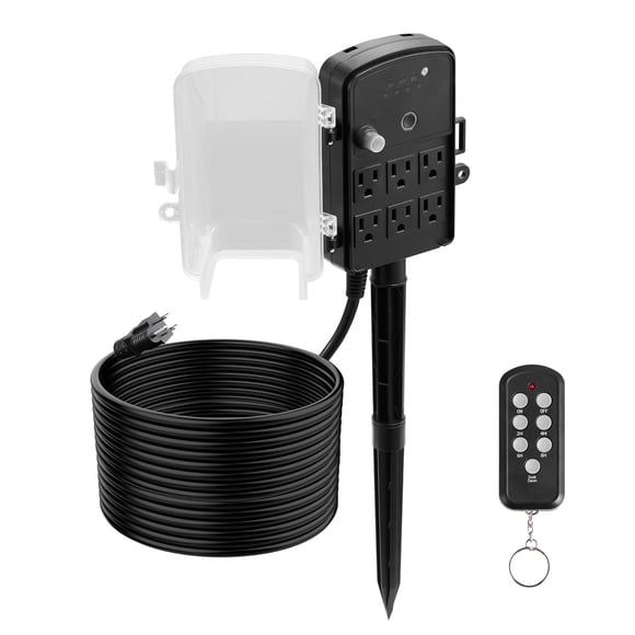 KFFKFF Outdoor Power Stake, 50FT Extension Cord, Outdoor Power Strip Weatherproof with Cover, Remote Control Dusk to Dawn Light Timer Waterproof, 6 Outlets, 1875W/15A