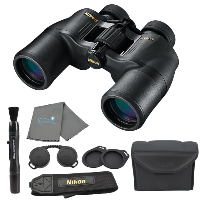 binoculares nikon aculon a211 8x42 (8245) con accesorios 3/4 frontal de binoculares negros 8x42 con rueda de enfoque central y oculares ajustables; incluye funda blanda negra con logo Nikon, correa con etiqueta, cubiertas de lentes, paño de microfibra y kit de limpieza.