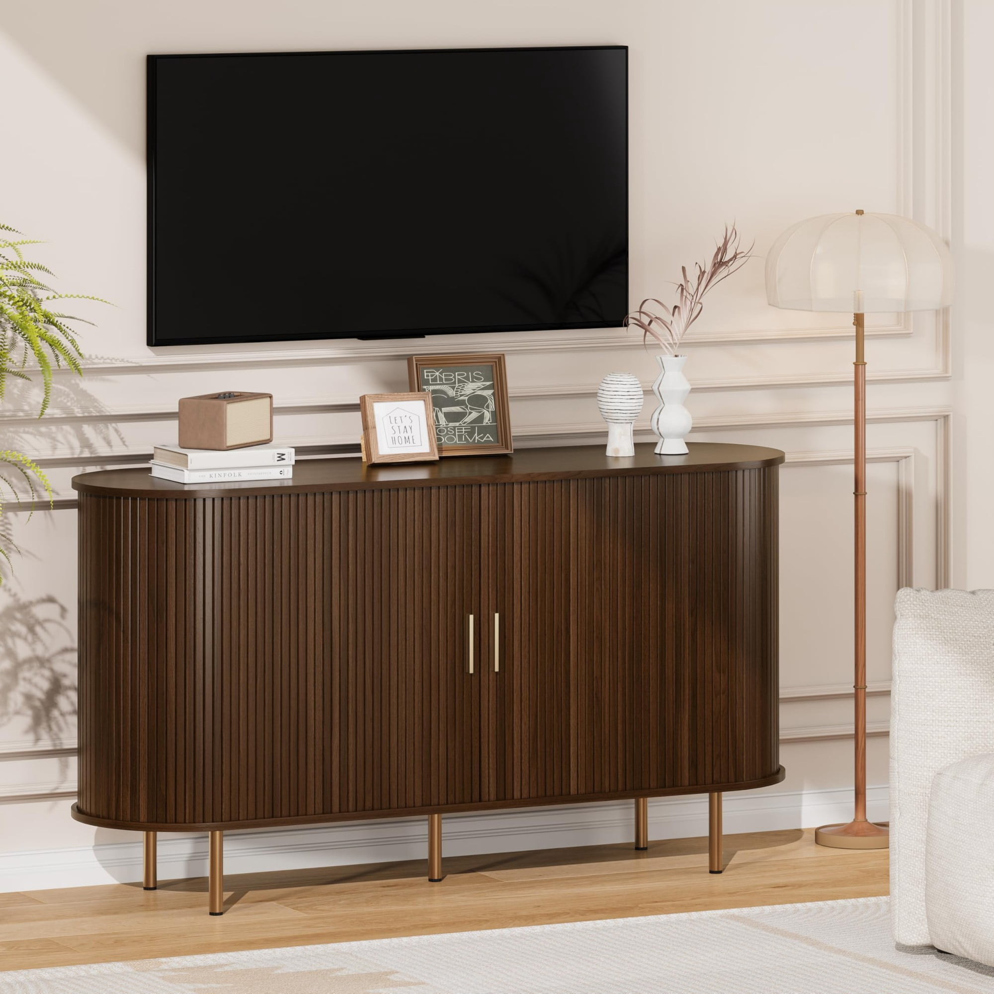 Mid Century Modern Sideboard Buffet Cabinet, 55 Inch Fluted Coffee Bar Console with Tambour Sliding Doors, Coffee