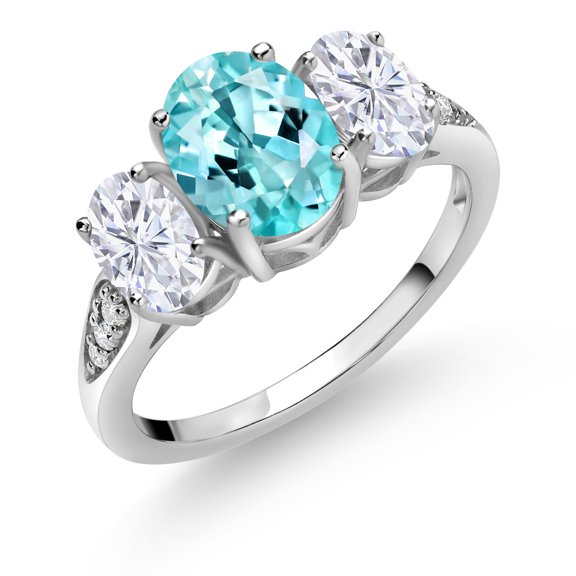 Gem Stone King 10K White Gold Blue Apatite White Moissanite and White Lab Grown Diamond 3 Stone Engagement Ring for Women (2.24 Cttw, Gemstone Birthstone, Available in Size 5, 6, 7, 8, 9)