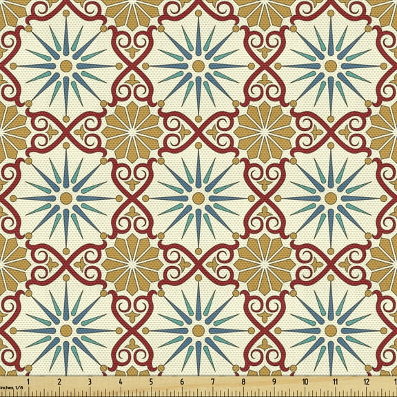 Ambesonne Classic Fabric by the Yard Upholstery, Geometric Forms, 5 Yards, Mustard Beige