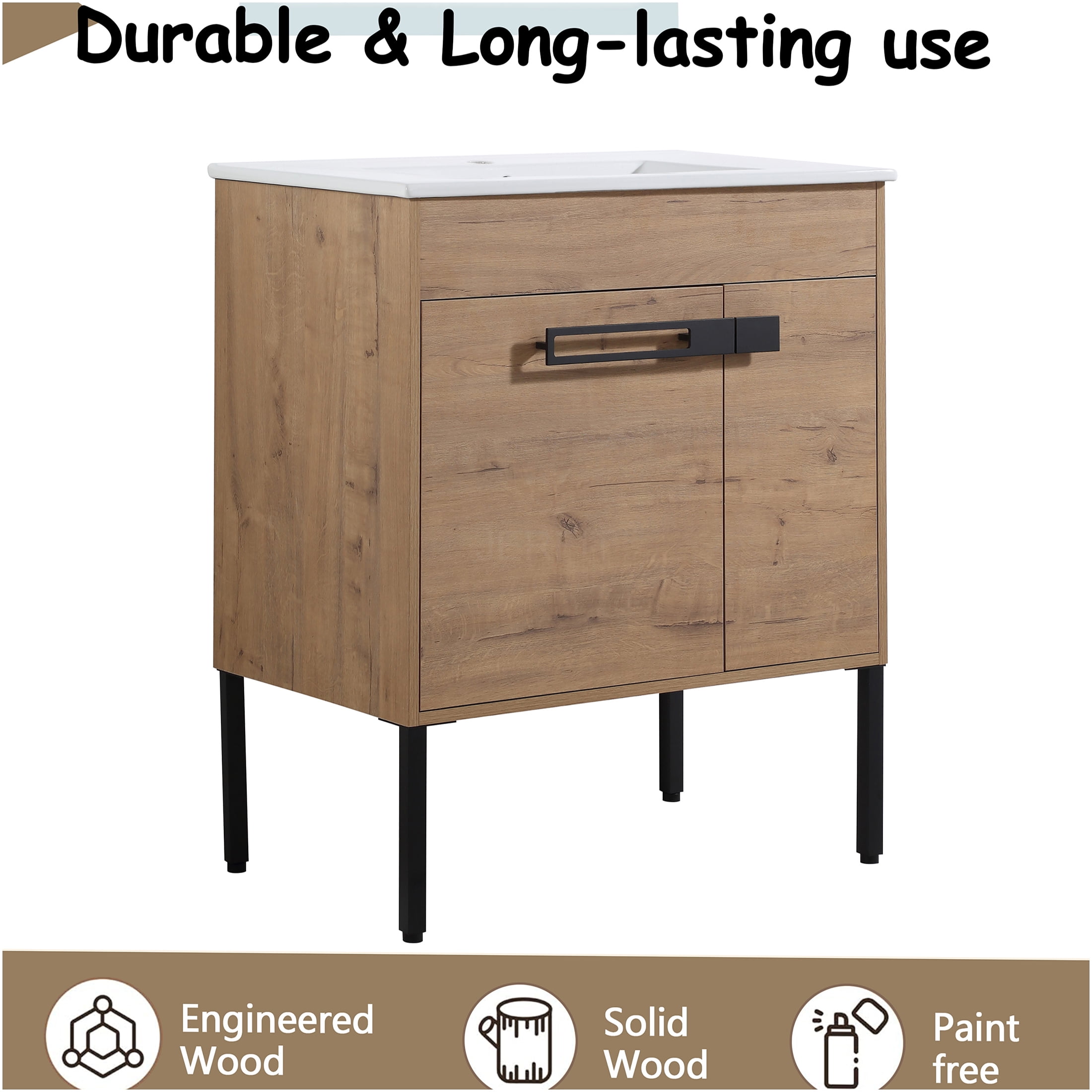 JERFIT 30 Inch Bathroom Vanity with Ceramic Sink, Freestanding or Wall-Mounted Modern Cabinet with Soft Close Doors, Adjustable Shelf, Imitative Oak Finish