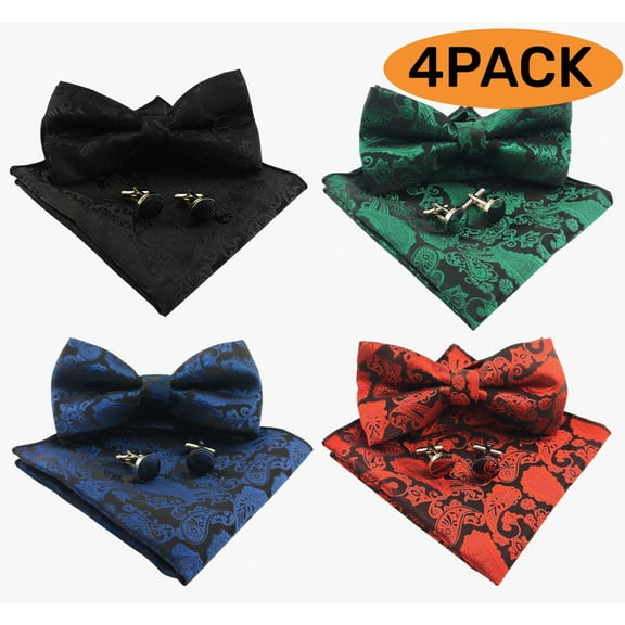 Men Bow Ties Paisley Bow Ties Set Pre-Tied Adjustable Bowtie with Pocket Square and Cufflinks Unique Gifts for Men Set of 4