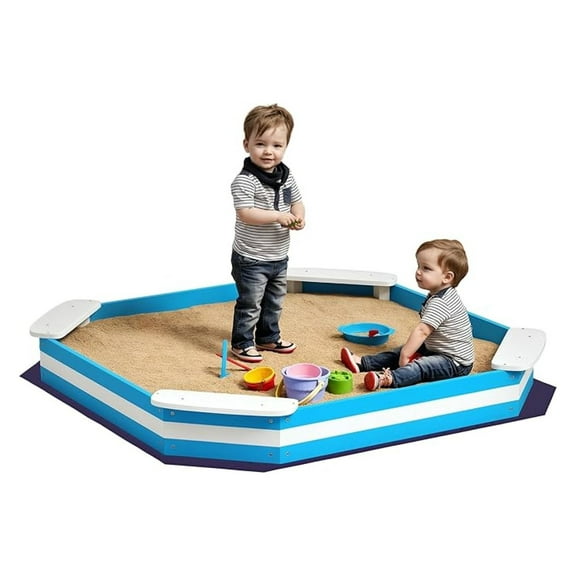 Kids Sandbox, Outdoor Wooden Sand Pit with 4 Corner Seats, Bottom Liner for Backyard, Garden, 52" x 52" x 6", Blue