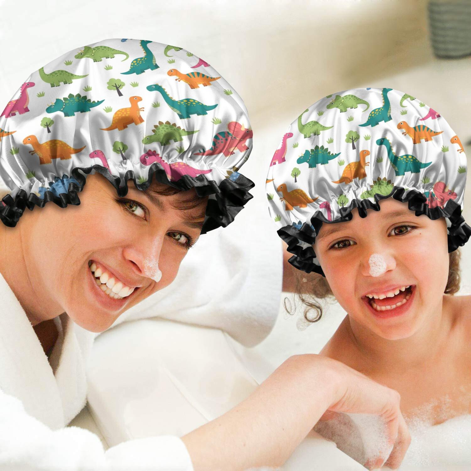 Shower Caps,White Cartoon Dinosaurs Trees Pattern Waterproof Shower Cap for Women 4 Pieces,Double Reusable Hair Cover for Shower PEVA Elastic Stretch Hem