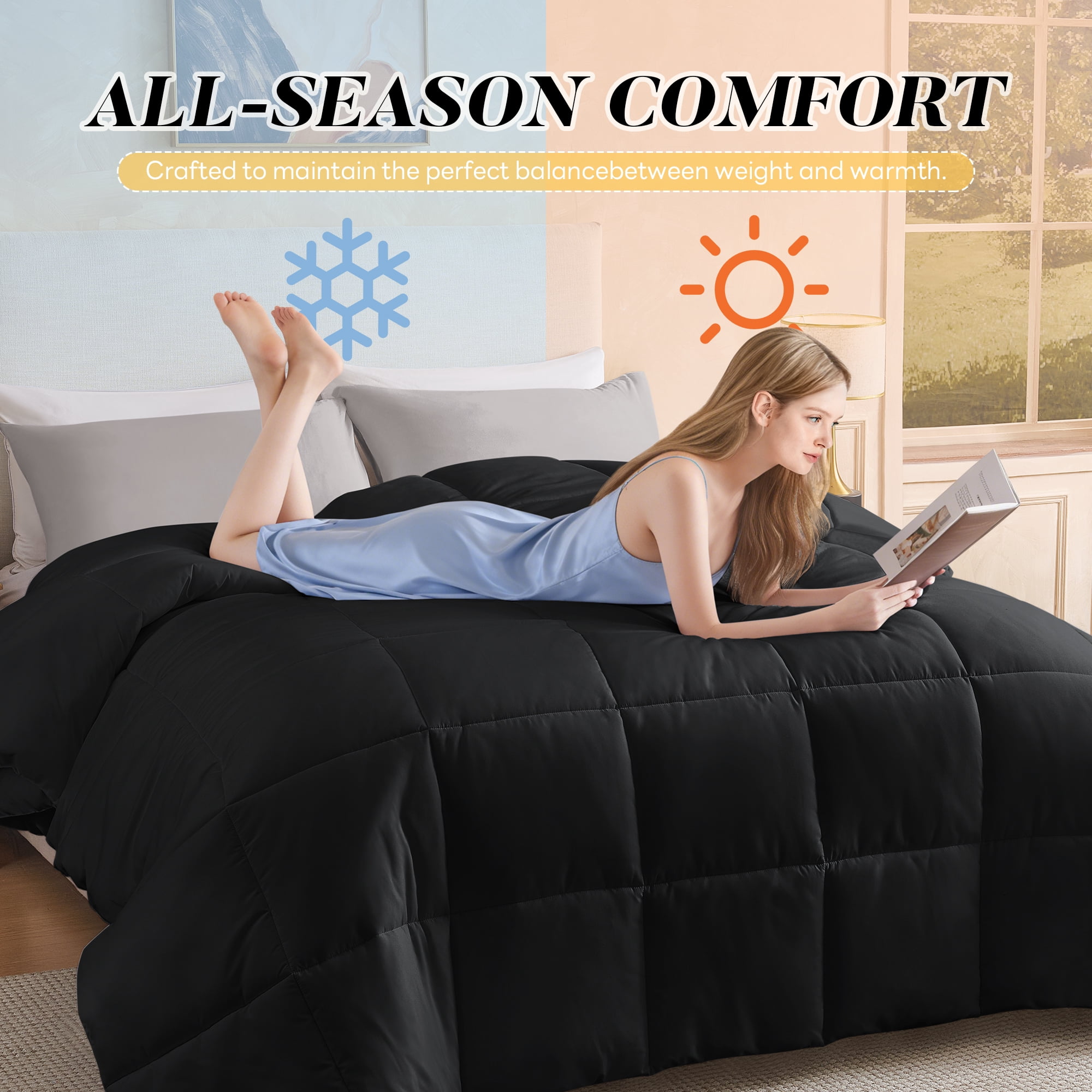 Aquzin Comforter Full Size, All Season Quilted Down Alternative Duvet Insert with Corner Tabs, Machine Washable Microfiber Bedding, Black