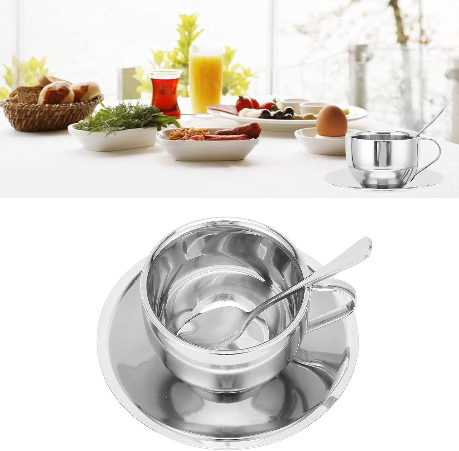 ABPETE Insulated Espresso Cup 4oz, Dual Wall Stainless Steel Coffee Mug with Saucer, Mirror Shatterproof Design, Cup and Saucer Set for Hot and Cold Beverages