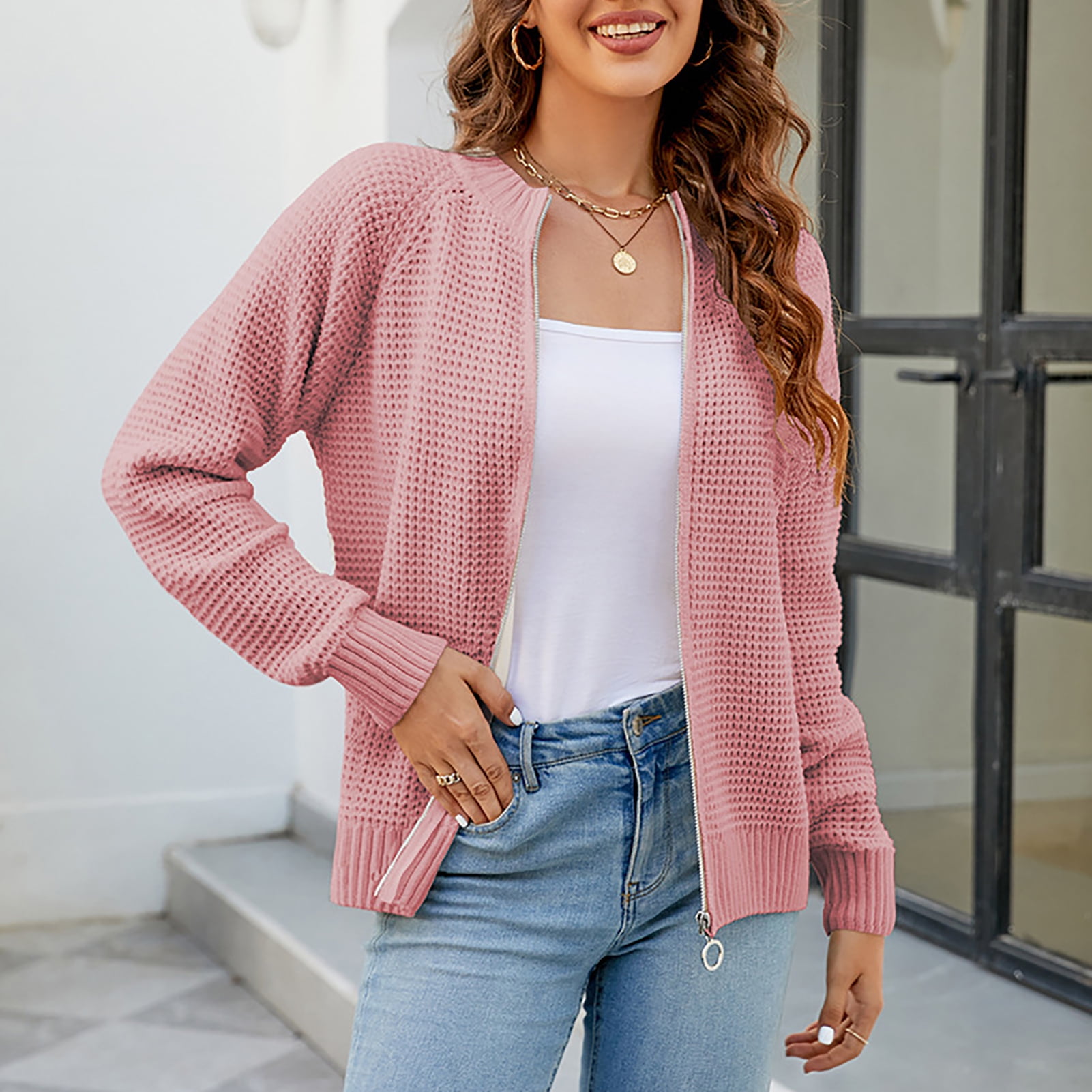 Front zipper knitted sweater deals