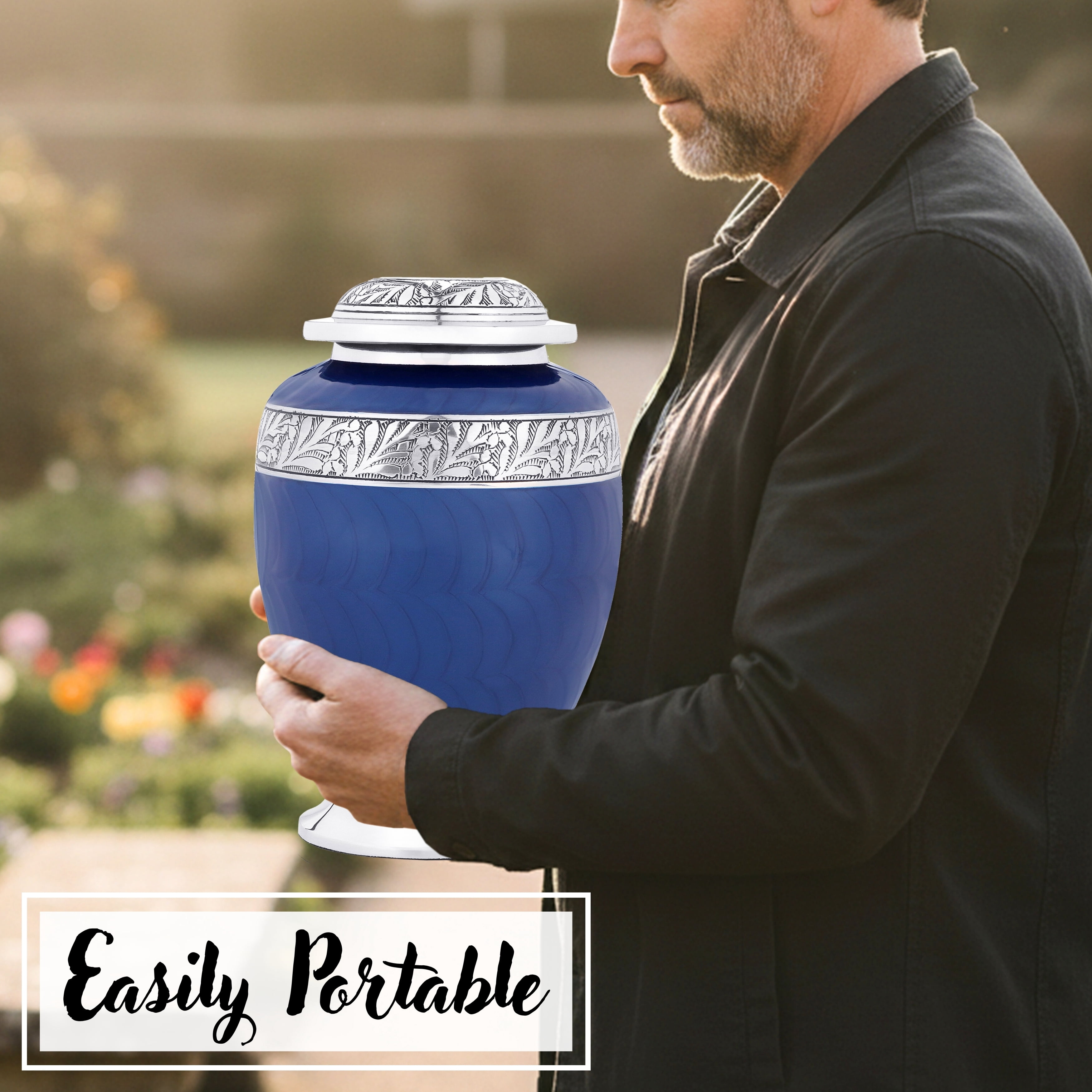 Aluminum Handcrafted Urn - Elegant Keepsake Holder for Adult Human Ashes (Ocean Blue & Pewter)