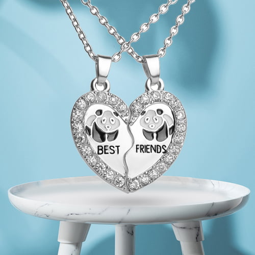 Sunjoy Tech BFF Necklace for 2, Best Friend Necklaces, Panda, Valentines Day Gifts Split Heart Rhinestone Friendship Necklaces Engraved Pendant