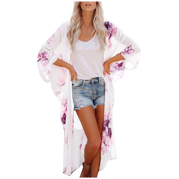 Lilgiuy Women Floral Printed Beach Kimono Cardigan Shawl 3/4 Sleeve Loose Cover Up(White,8) Dresses for 2022