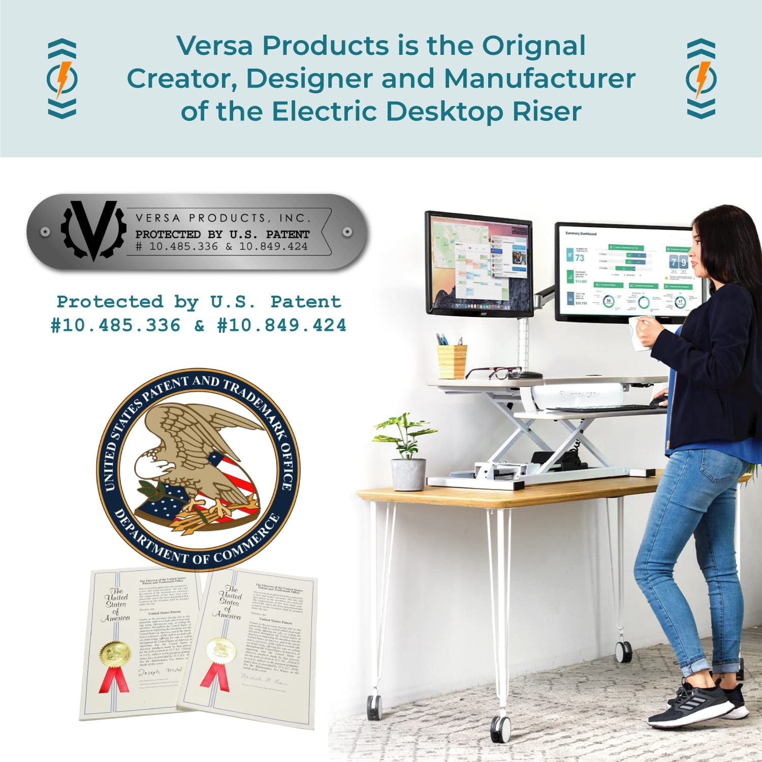 VersaDesk® 48"x24" Extra Wide Electric Height Adjustable Standing Desk Converter for Multi Monitor & Laptop Workstation, Cherry, w/ USB Charging Port