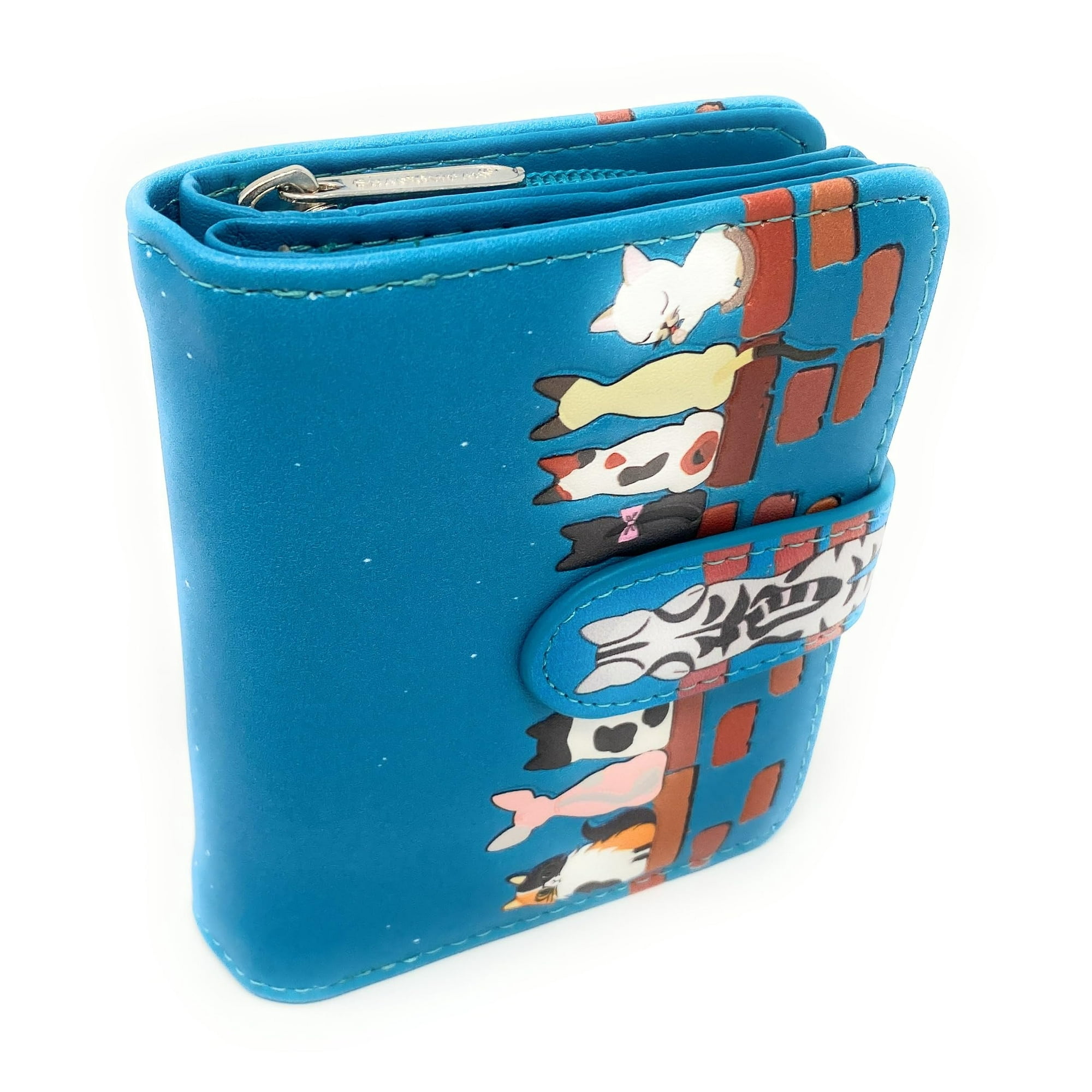 Teal Small Animal Wallet for Women Cats in a Row Design Vegan Leather 4.5