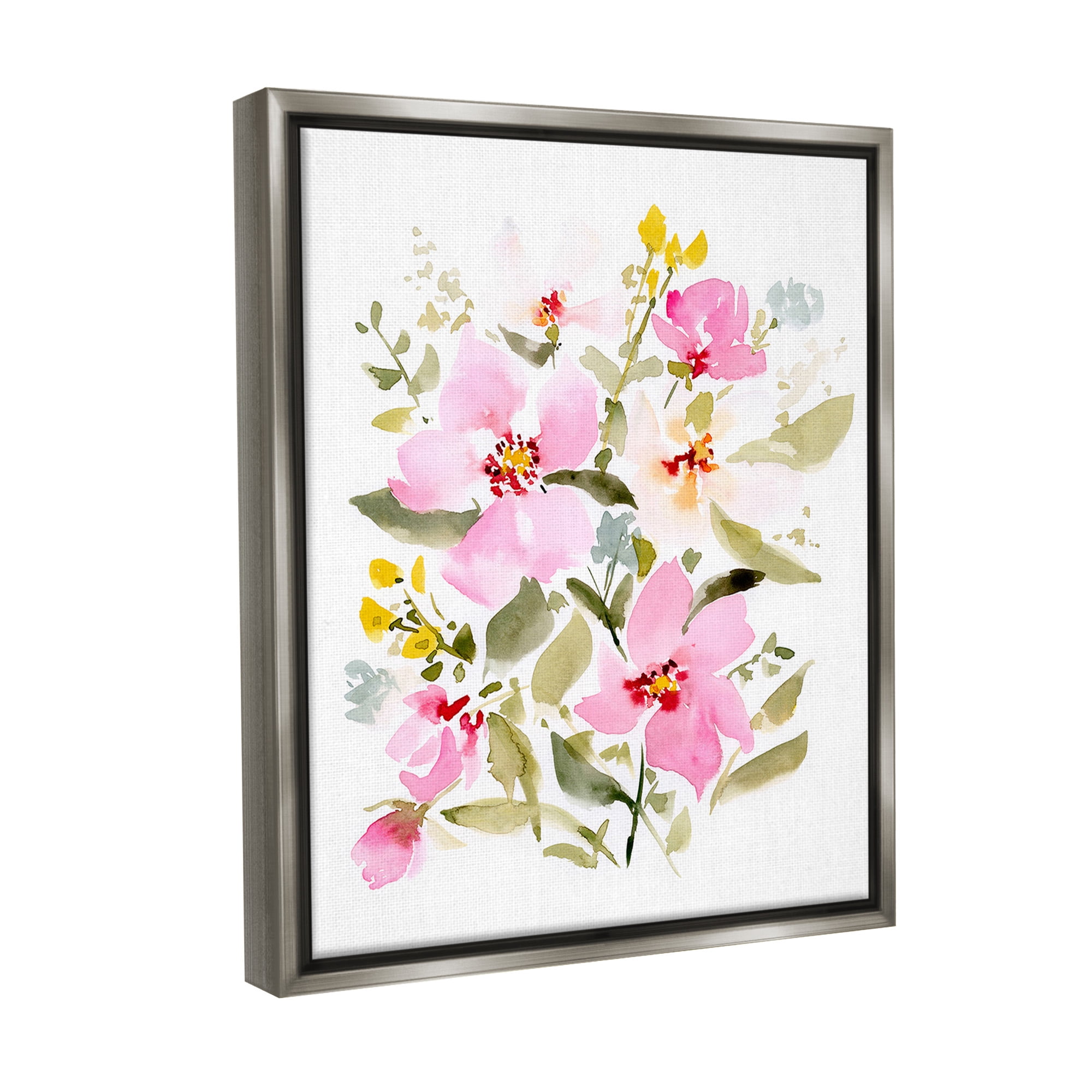 Stupell Industries Pink Blossom Pattern Botanical & Floral Painting Gray Floater Framed Canvas Art Print Wall Art, 17 x 21