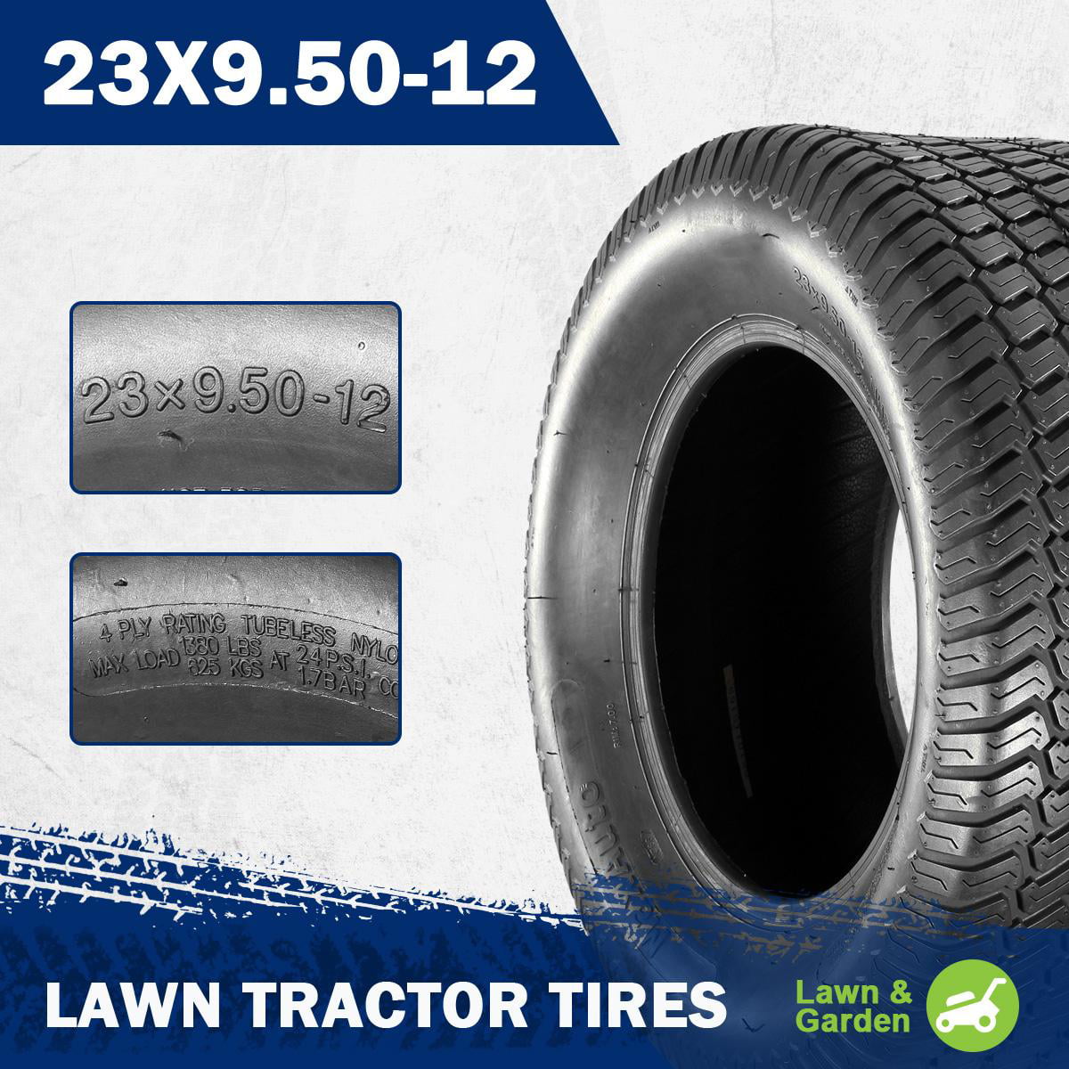 Set of 2 23X9.50-12 4PR P332 Turf Lawn & Garden Tires 4 Ply Tubeless Lawn Mower 