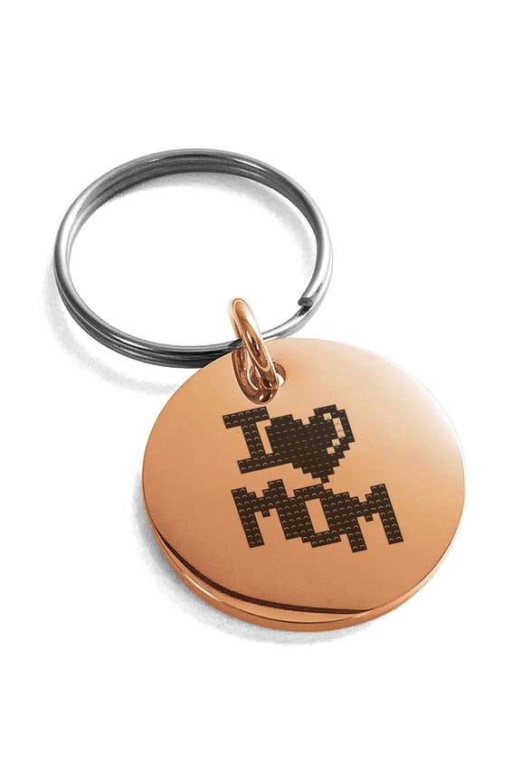 Gold Plated Stainless Steel Pixel I Heart Mom Small Medallion Circle Charm Keychain Keyring