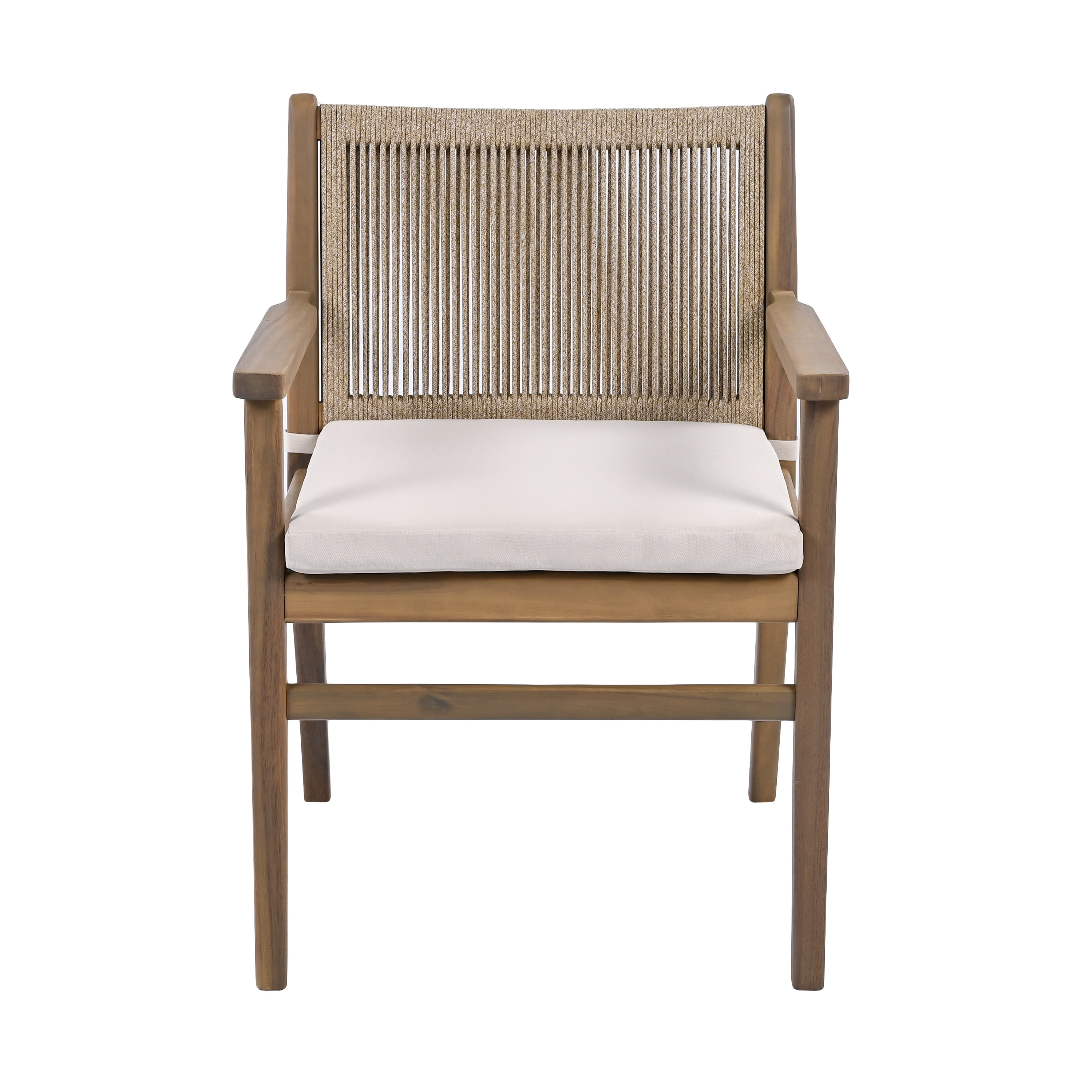 Outdoor Dining Chairs Set of 2, Acacia Wood Patio Armchair with Rope Design Back for Garden, Light Brown
