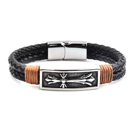 Crucible Black Leather Stainless Steel Cross ID Bracelet (15.5mm Wide), 8.5