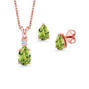 Gem Stone King 2.72 Ct Green Peridot 18K Rose Gold Plated Silver Pendant with Chain Earrings Set