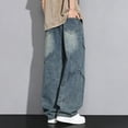 thumbnail image 6 of YLSDY Men's Vintage Washed Wide Leg Jeans, Stitched Details & Elastic Waist Drawstring, Retro Denim Trousers for Men Blue XL, 6 of 8