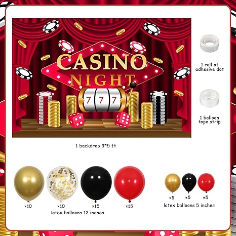 Casino Theme Balloon Arch Garland Kit, Red Black Dice Chips Casino Night Backdrop for Las Vegas Gambling Birthday Bachelorette Party Indoor Outdoor Decorations Supplies